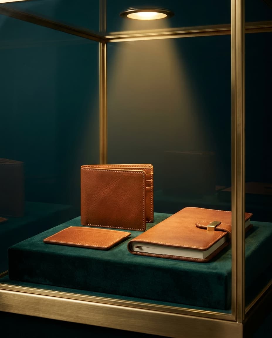 Kollektion Leder & Accessoires in der Vitrine