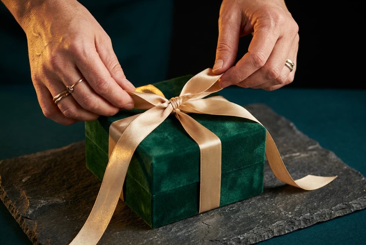 Geschenk wird mit goldener Schleife verschnürt
