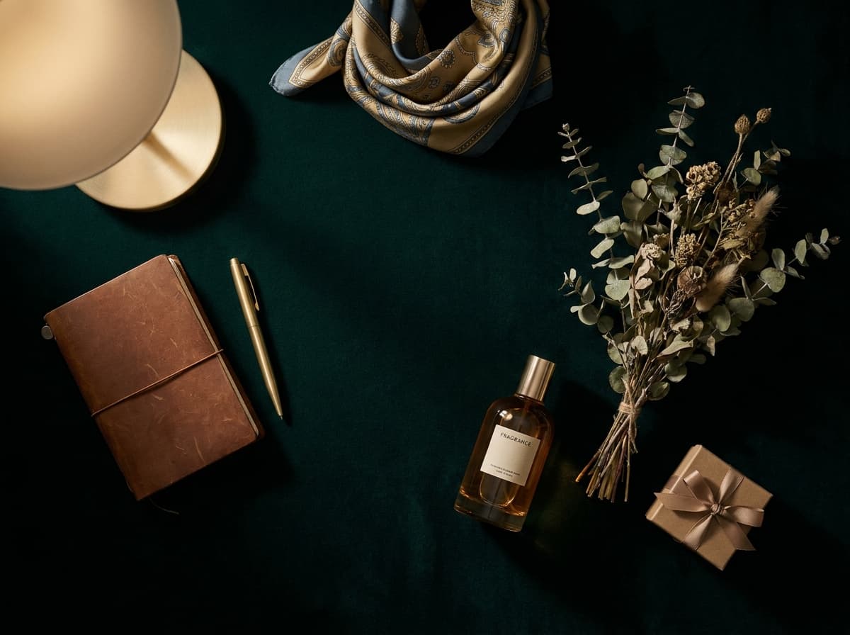 Flatlay kuratierter Lifestyle-Objekte