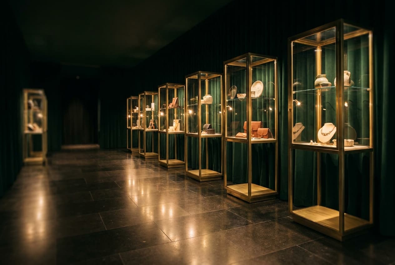 Boutique-Galerie mit beleuchteten Vitrinen